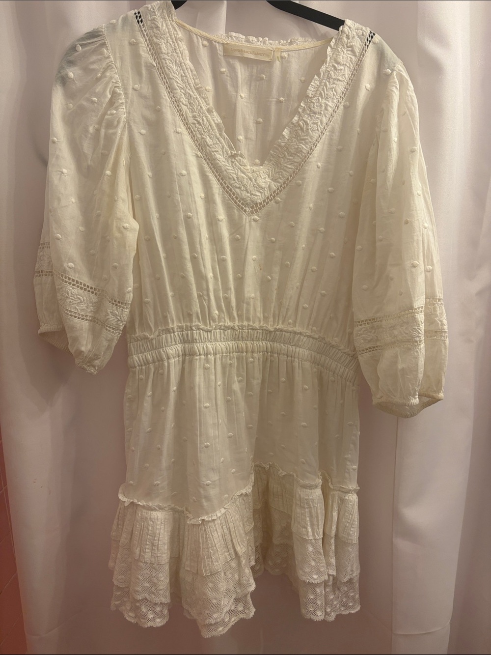 LoveShackFancy Cream Swiss Dot Mini Dress